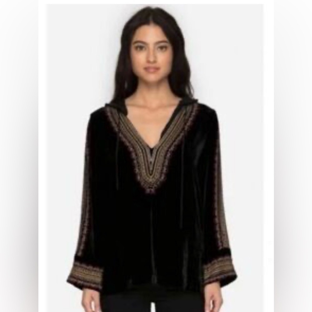 California Moonrise Black Velvet Boho Hippie Chic Embroidered Hooded Tunic XL